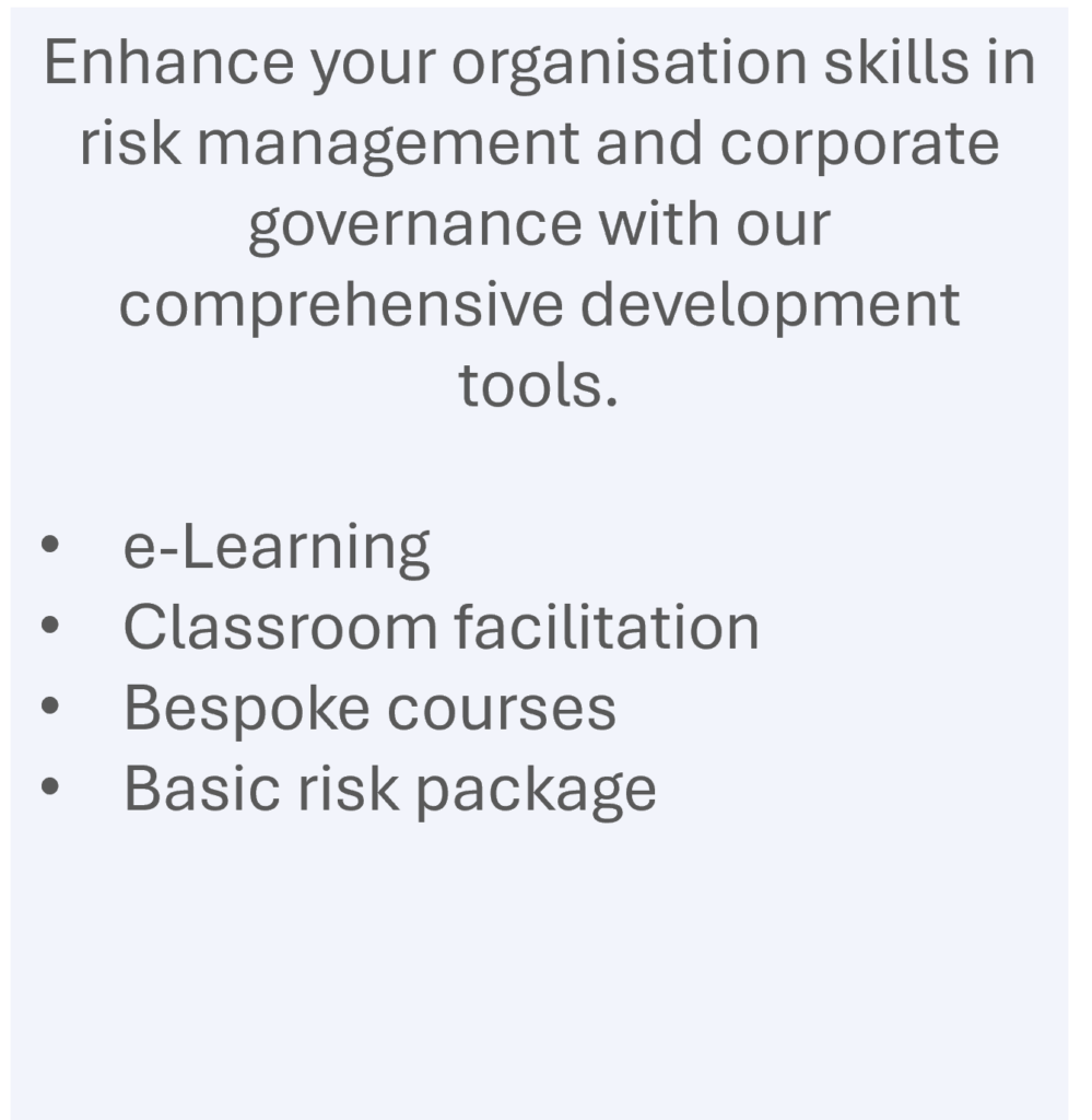 STC SYCAMORE CONSULTING 
RISK MANAGEMENT
Organisational Development
Enhance your organisation skills in risk management and corporate governance with our comprehensive development tools: e-learning, classroom facilitation, and bespoke courses.
e-Learning
Classroom facilitation
Bespoke courses
Basic risk package
https://ermmentor.co.uk/